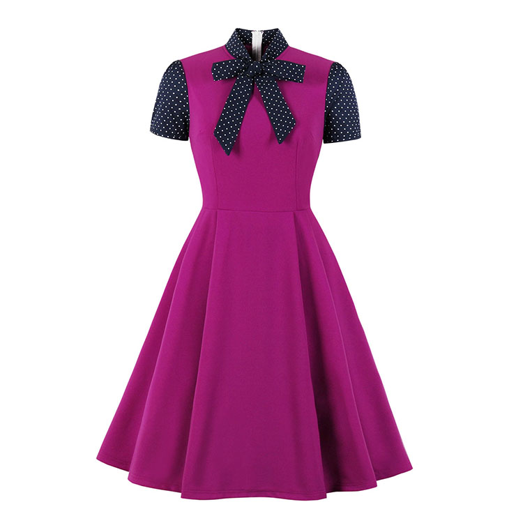 Vintage Tie Collar Short Sleeve Splicing High Waist Cocktail Party A-line Dress N20530