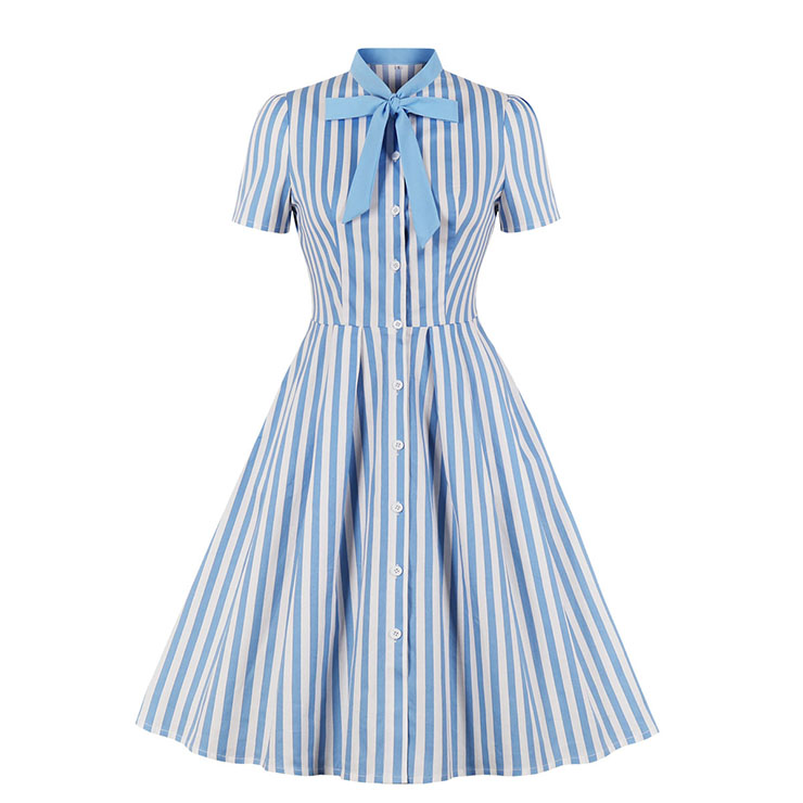 Vintage Bow-knot Tie Collar Short Sleeve Front Button Stripe High Waist Big Swing Dress N20563