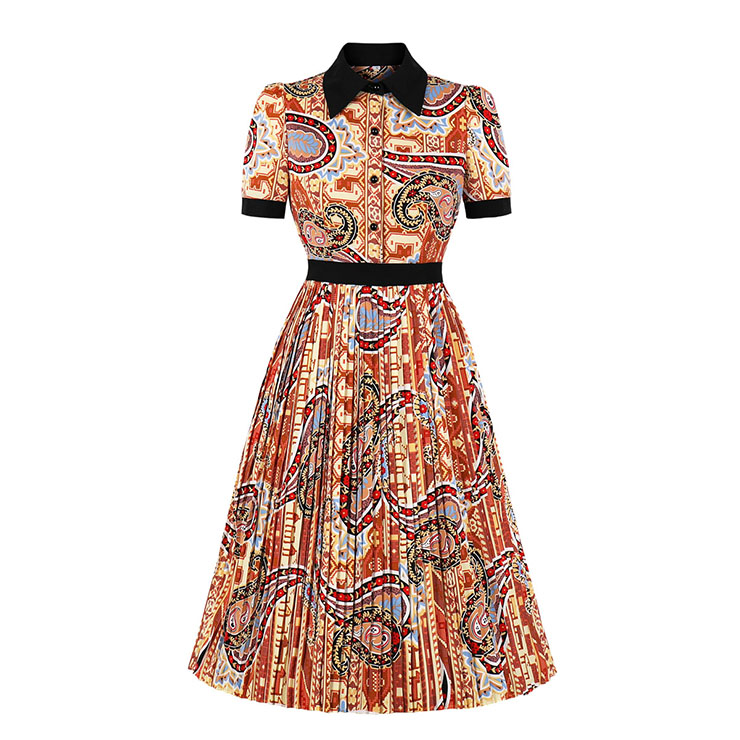 Vintage Printed Turn-down Collar Short Sleeve Cocktail Party Swing Pleated Dress N20829