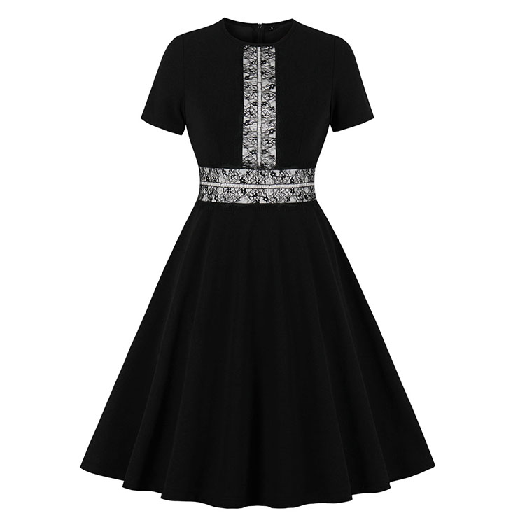 Vintage Black Lace Stitching Round Neck Short Sleeve High Waist A-line Swing Dress N19929