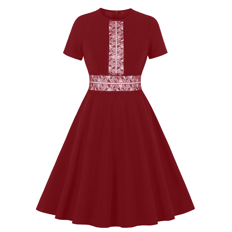 Vintage Winered Lace Stitching Round Neck Short Sleeve High Waist A