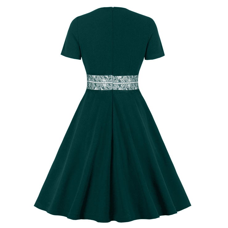 Vintage Dark Green Lace Stitching Round Neck Short Sleeve High