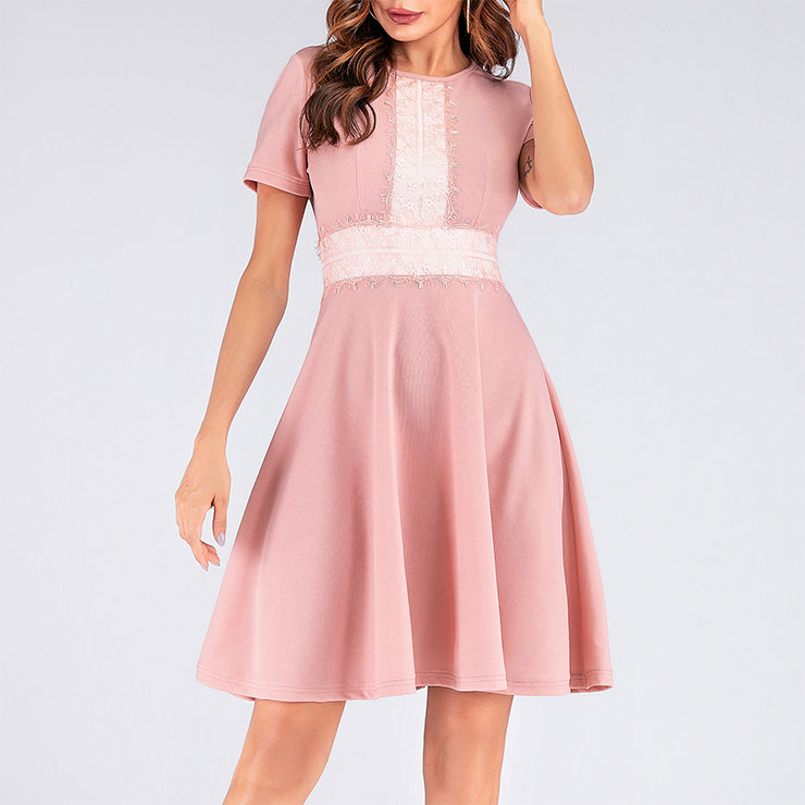 Vintage Pink Lace Stitching Round Neck Short Sleeve High Waist Aline