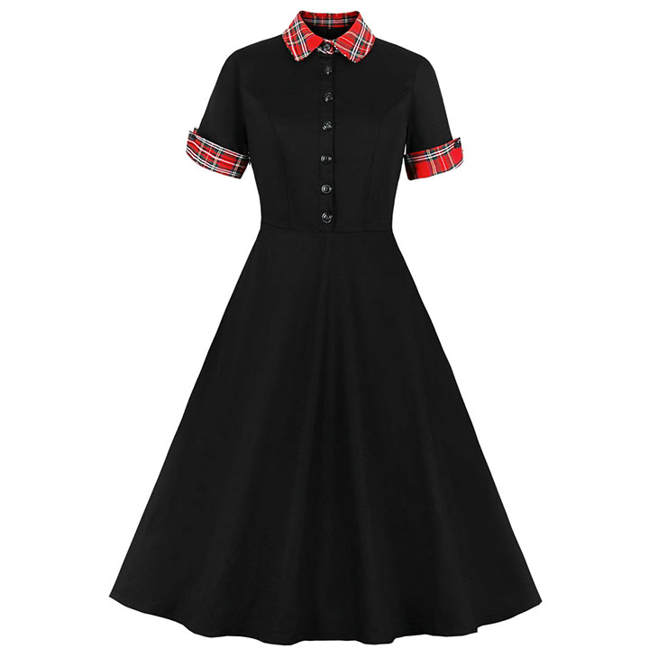 Vintage Color Contrast Turn-down Collar Front Button Short Sleeve Party Swing Dress N21354