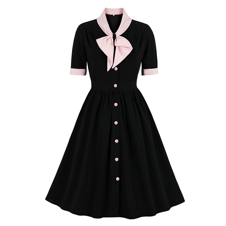 Vintage V Neck Bow Tie Front Button Short Sleeve Splicing Party Big Swing Dress N21356