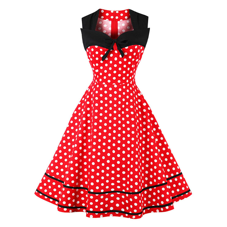 Women's Red Vintage Sleeveless Dot Print Plus Size Swing Dress N15581