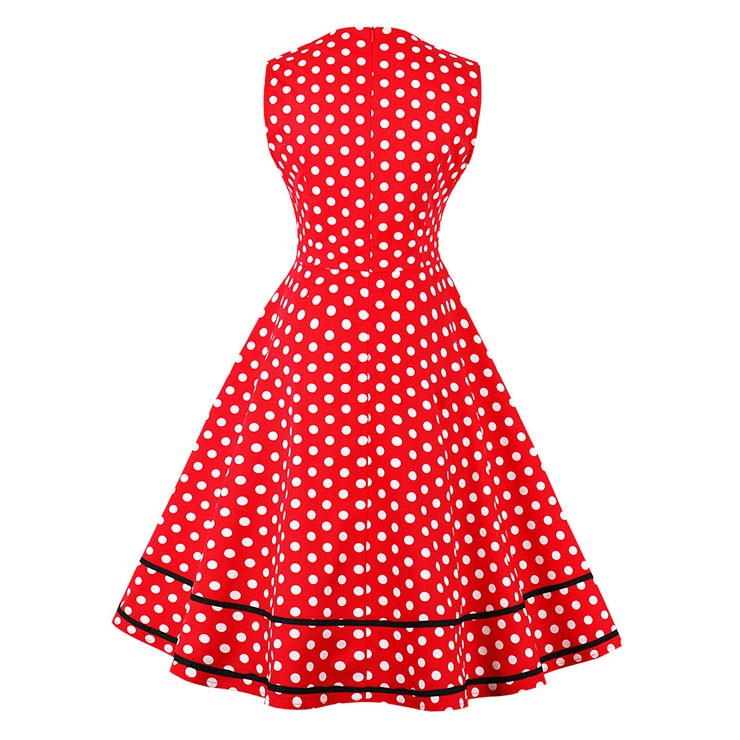 Sleeveless Dress, Sweetheart Neckline Dress, Plus Size Dress, Vintage Dress for Women, Midi Dress, Red Dot Print Dress, Elegant Dresses for Women, Back Zipper Dress Red, #N15581