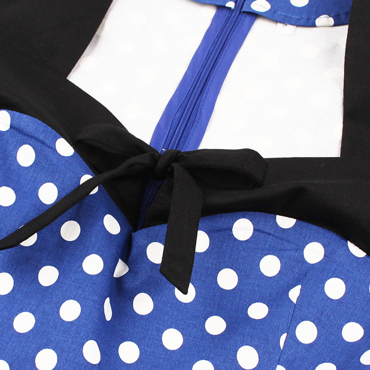 Sleeveless Dress, Sweetheart Neckline Dress, Plus Size Dress, Vintage Dress for Women, Midi Dress, Blue Dot Print Dress, Elegant Dresses for Women, Back Zipper Dress Blue, #N15582
