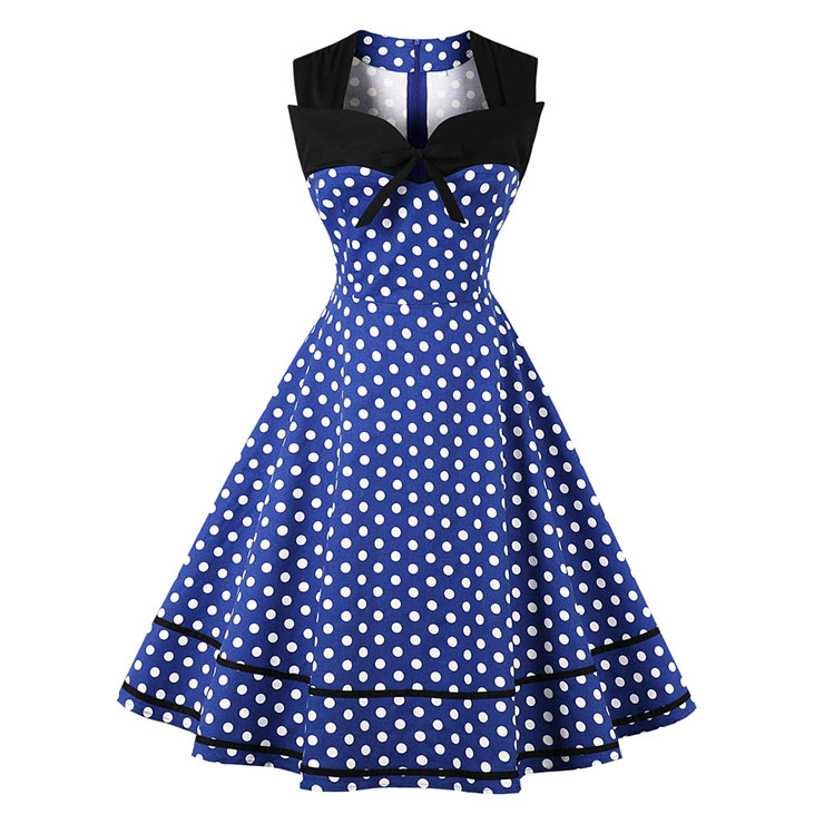Women's Blue Vintage Sleeveless Dot Print Plus Size Swing Dress N15582