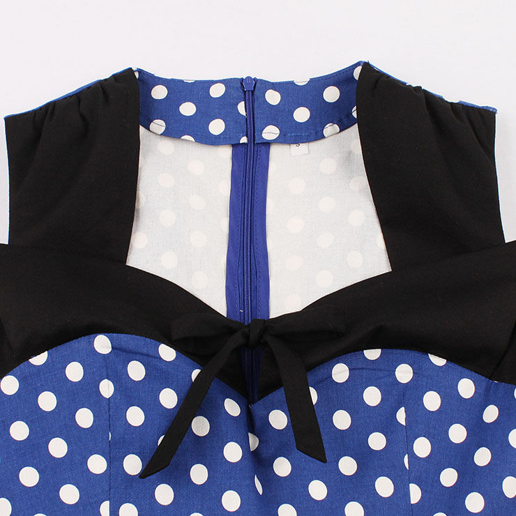 Sleeveless Dress, Sweetheart Neckline Dress, Plus Size Dress, Vintage Dress for Women, Midi Dress, Blue Dot Print Dress, Elegant Dresses for Women, Back Zipper Dress Blue, #N15582