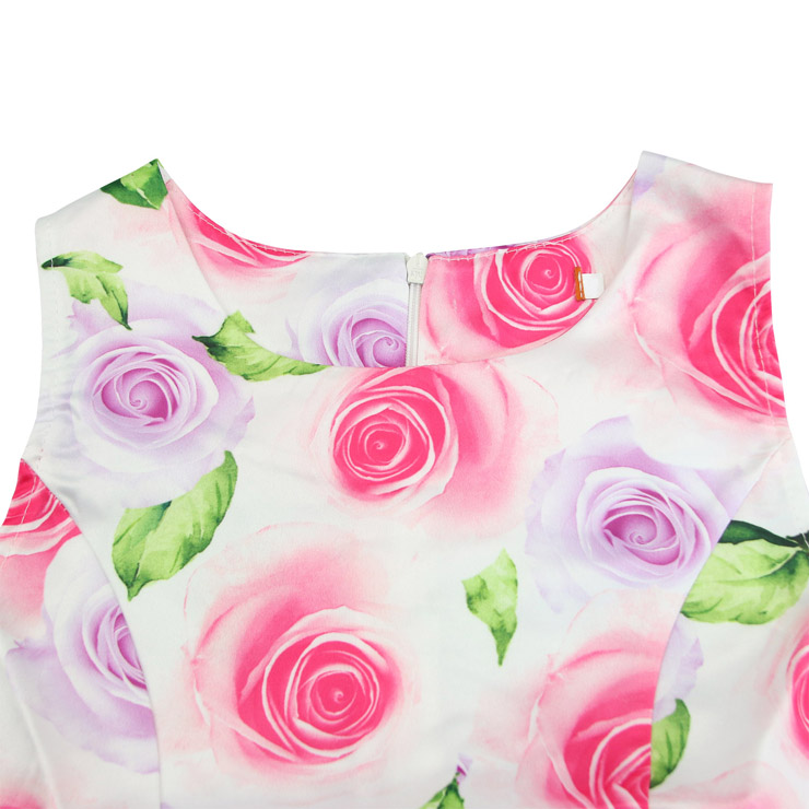 Vintage Dresses for Mother and Daughter, Floral Print Family Matching Dress, Sleeveless Round Collar Printed Dress, Back Zipper Family Matching Dress, Retro Dresses for Mother and Daughter, A-Line Mother and Daughter Family Matching Dress, #N15474