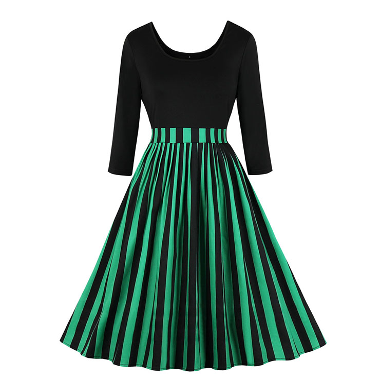 Vintage Black Round Neck 3/4 Sleeve Splice Stripes Print High Waist Swing Dress N20778