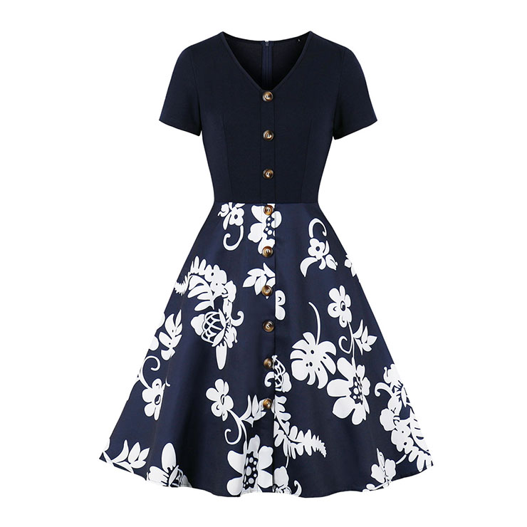 Vintage Dark-blue Printed V-neck Short Sleeve High Waist Spliced Midi Swing Dress N19943