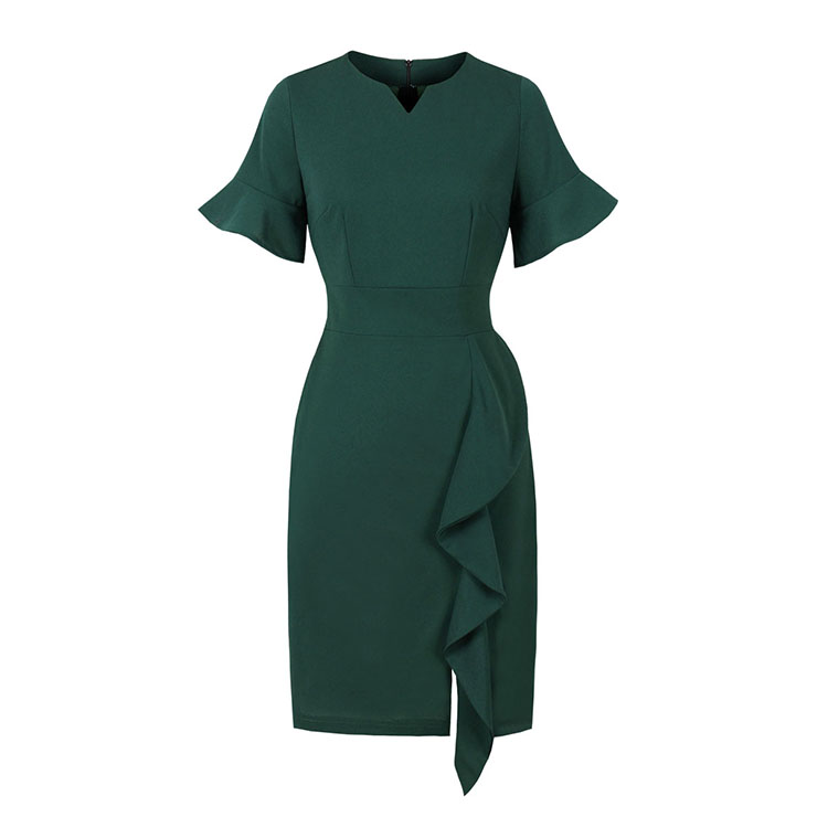 Vintage Split Scoop Neckline Flare Sleeve Solid Color High Waist Office Cocktail Wrap Dress N21844