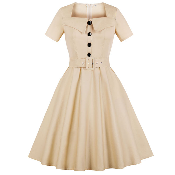 Fashion Beige Vintage Square Neck Short Sleeve Button Pinup Day Dress N17398