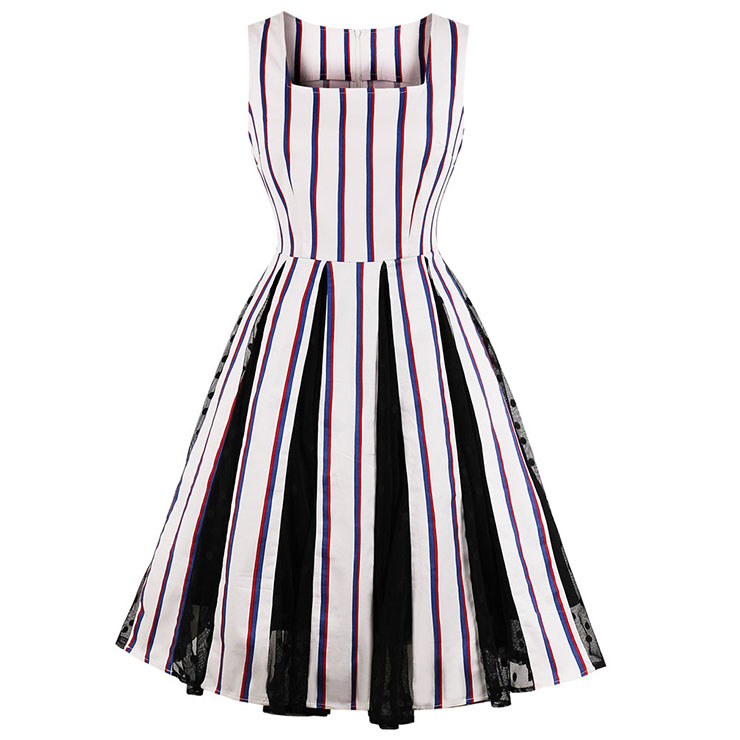 Fashion Vintage Square Neck Stripe Mesh Splicing Sleeveless Pinup Day Dress N17228