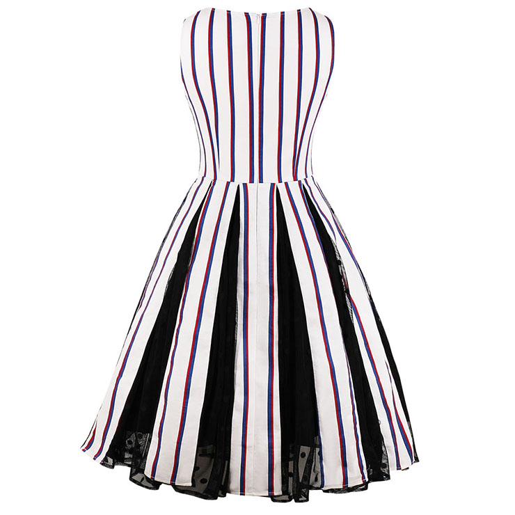 Retro Dresses for Women, Fashion Vintage Stripe Dresses, Vintage Dress for Women White, Square Neck Sleeveless Pinup Dress, Stripe Party Vintage Dress White, #N17228