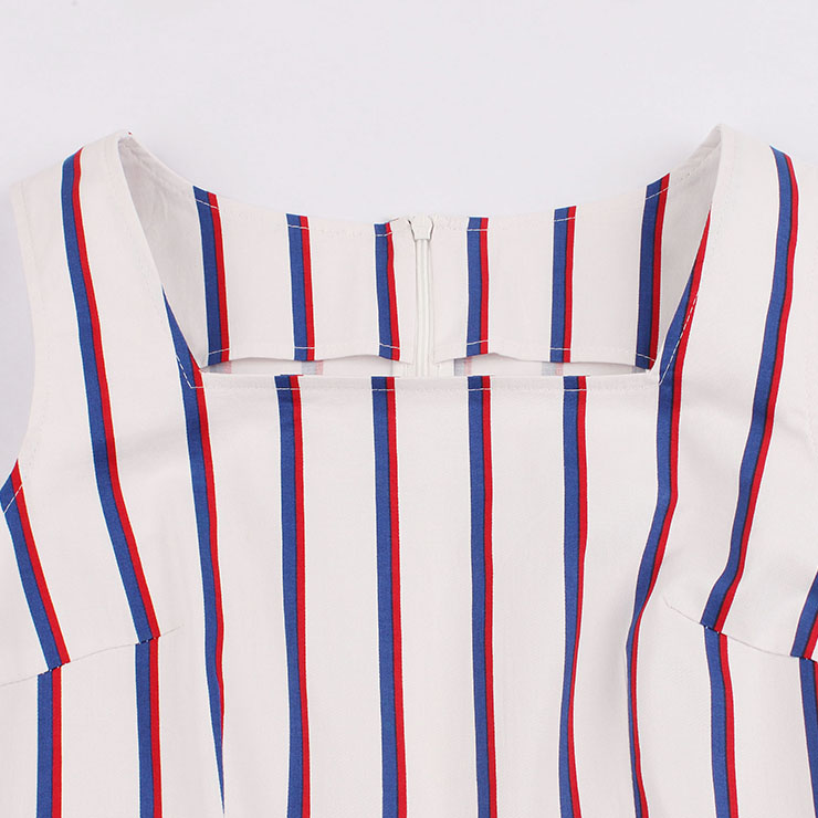 Retro Dresses for Women, Fashion Vintage Stripe Dresses, Vintage Dress for Women White, Square Neck Sleeveless Pinup Dress, Stripe Party Vintage Dress White, #N17228