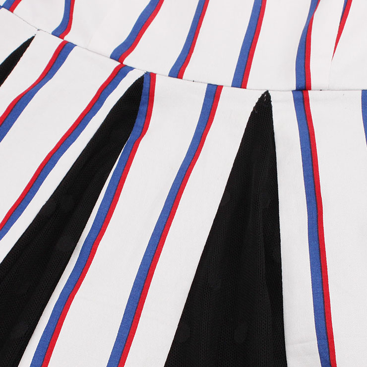 Retro Dresses for Women, Fashion Vintage Stripe Dresses, Vintage Dress for Women White, Square Neck Sleeveless Pinup Dress, Stripe Party Vintage Dress White, #N17228