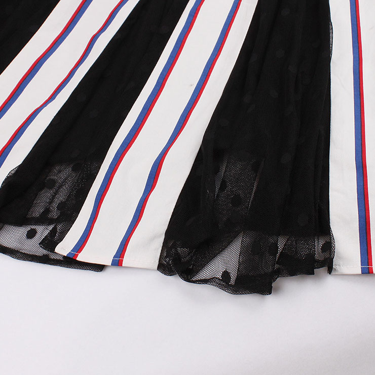 Retro Dresses for Women, Fashion Vintage Stripe Dresses, Vintage Dress for Women White, Square Neck Sleeveless Pinup Dress, Stripe Party Vintage Dress White, #N17228