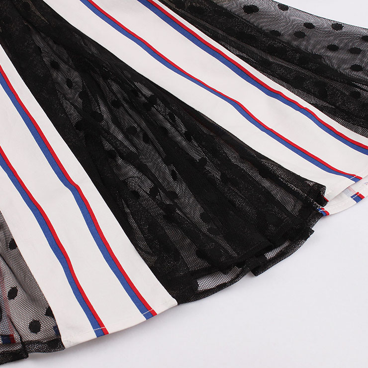 Retro Dresses for Women, Fashion Vintage Stripe Dresses, Vintage Dress for Women White, Square Neck Sleeveless Pinup Dress, Stripe Party Vintage Dress White, #N17228