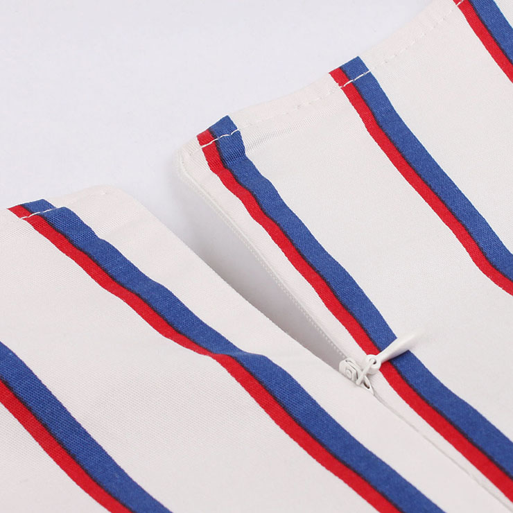 Retro Dresses for Women, Fashion Vintage Stripe Dresses, Vintage Dress for Women White, Square Neck Sleeveless Pinup Dress, Stripe Party Vintage Dress White, #N17228