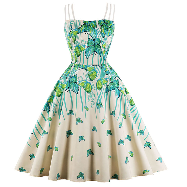 Sexy Vintage Strappy Butterfly Printed Swing Summer Day Dress N17096
