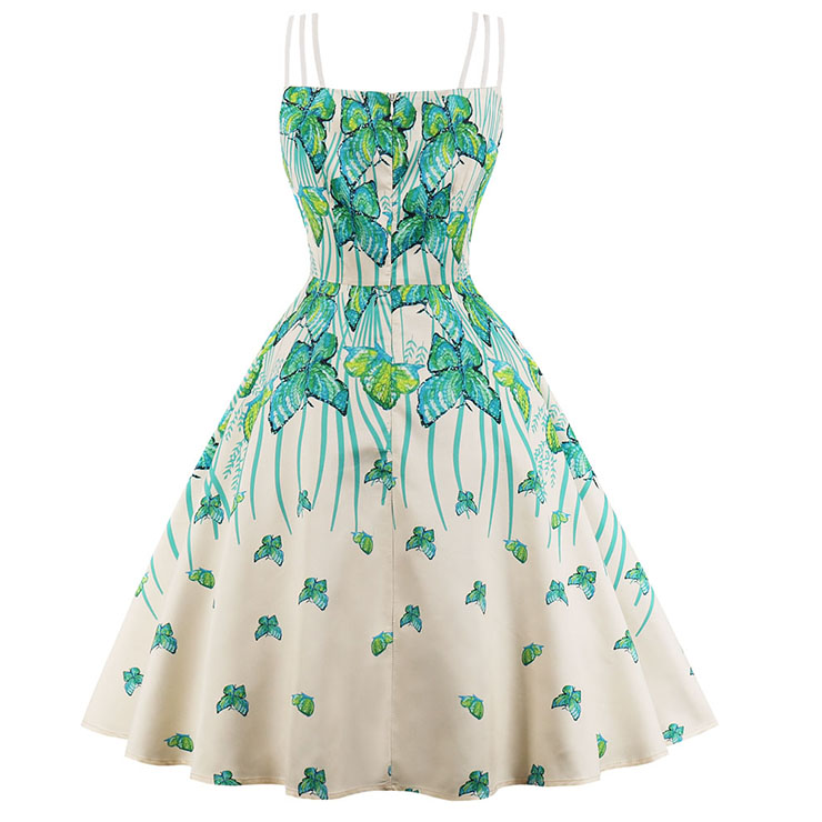 Vintage Dresses for Women, Sexy Dresses for Women Cocktail Party, Casual Vintage Butterfly Printed Dress, Strappy Swing Daily Dress, Women