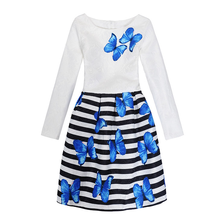 Girl's Vintage Stripe Blue Butterfly Print Long Sleeve Round Collar A-Line Dress N15523