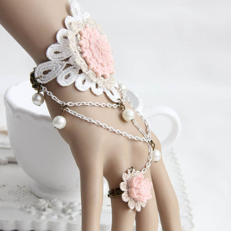 Victorian Vintage Style Bracelet, Vintage Bracelet for Women, Vintage Style Beige Embroidery Bracelet, Cheap Wristband, Victorian Style Metal Bracelet, Fashion Bride Bracelet with Ring, #J17917