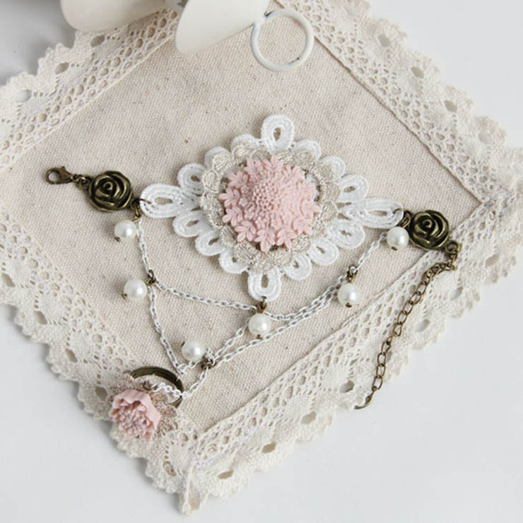 Victorian Vintage Style Bracelet, Vintage Bracelet for Women, Vintage Style Beige Embroidery Bracelet, Cheap Wristband, Victorian Style Metal Bracelet, Fashion Bride Bracelet with Ring, #J17917