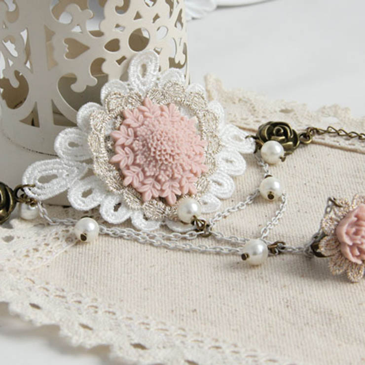 Victorian Vintage Style Bracelet, Vintage Bracelet for Women, Vintage Style Beige Embroidery Bracelet, Cheap Wristband, Victorian Style Metal Bracelet, Fashion Bride Bracelet with Ring, #J17917
