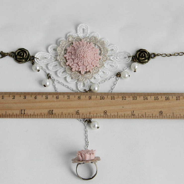 Victorian Vintage Style Bracelet, Vintage Bracelet for Women, Vintage Style Beige Embroidery Bracelet, Cheap Wristband, Victorian Style Metal Bracelet, Fashion Bride Bracelet with Ring, #J17917