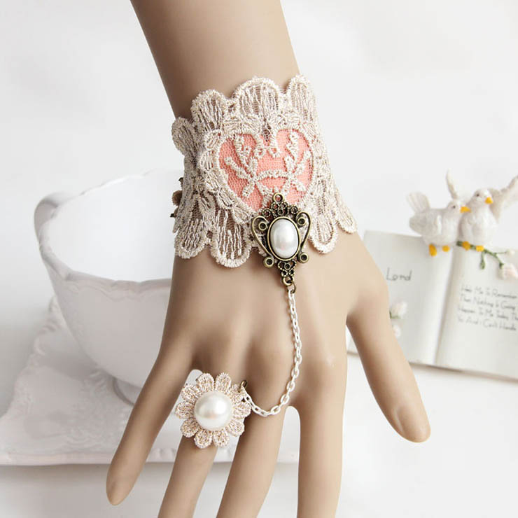 Victorian Vintage Style Bracelet, Vintage Bracelet for Women, Vintage Style Beige Embroidery Bracelet, Cheap Wristband, Victorian Style Metal Bracelet, Fashion Bride Bracelet with Ring, #J17918