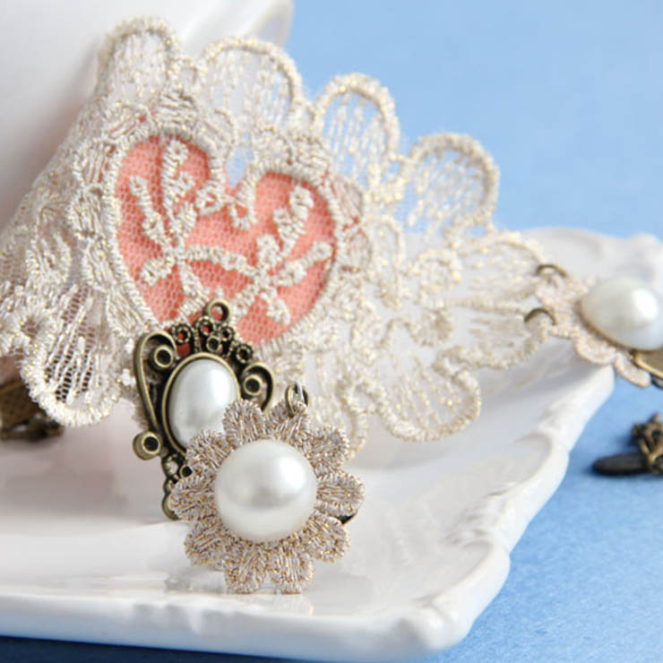 Victorian Vintage Style Bracelet, Vintage Bracelet for Women, Vintage Style Beige Embroidery Bracelet, Cheap Wristband, Victorian Style Metal Bracelet, Fashion Bride Bracelet with Ring, #J17918