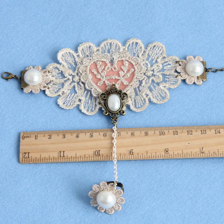 Victorian Vintage Style Bracelet, Vintage Bracelet for Women, Vintage Style Beige Embroidery Bracelet, Cheap Wristband, Victorian Style Metal Bracelet, Fashion Bride Bracelet with Ring, #J17918