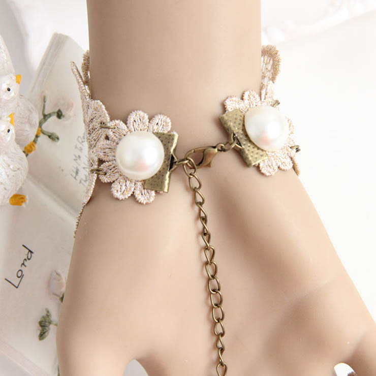 Victorian Vintage Style Bracelet, Vintage Bracelet for Women, Vintage Style Beige Embroidery Bracelet, Cheap Wristband, Victorian Style Metal Bracelet, Fashion Bride Bracelet with Ring, #J17918