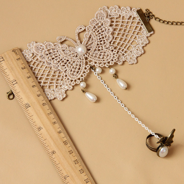 Victorian Vintage Style Bracelet, Vintage Bracelet for Women, Vintage Style Beige Embroidery Bracelet, Cheap Wristband, Victorian Style Gem Bracelet, Fashion Pearl Bracelet with Ring, #J18003