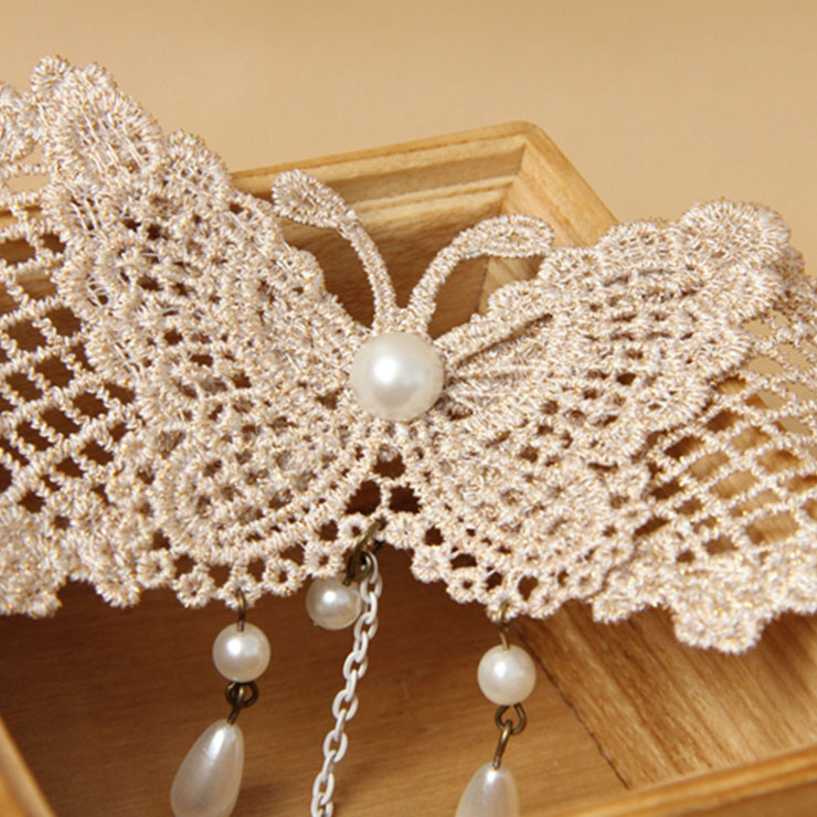 Victorian Vintage Style Bracelet, Vintage Bracelet for Women, Vintage Style Beige Embroidery Bracelet, Cheap Wristband, Victorian Style Gem Bracelet, Fashion Pearl Bracelet with Ring, #J18003