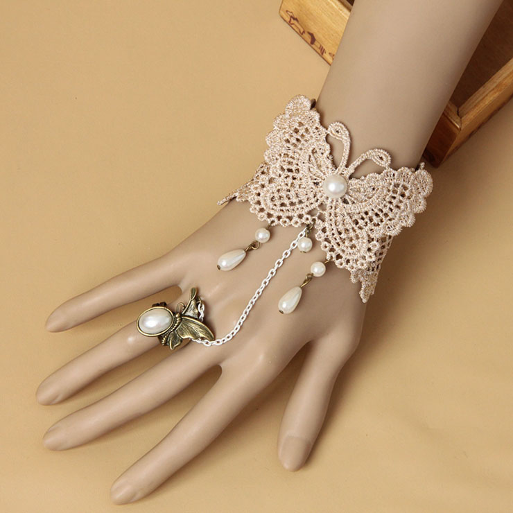 Victorian Vintage Style Bracelet, Vintage Bracelet for Women, Vintage Style Beige Embroidery Bracelet, Cheap Wristband, Victorian Style Gem Bracelet, Fashion Pearl Bracelet with Ring, #J18003