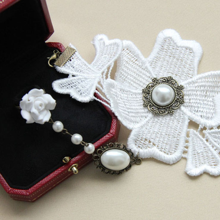 Victorian Vintage Style Bracelet, Vintage Bracelet for Women, Vintage Style Beige Embroidery Bracelet, Cheap Wristband, Victorian Style Gem Bracelet, Fashion Pearl Bracelet with Ring, #J18007