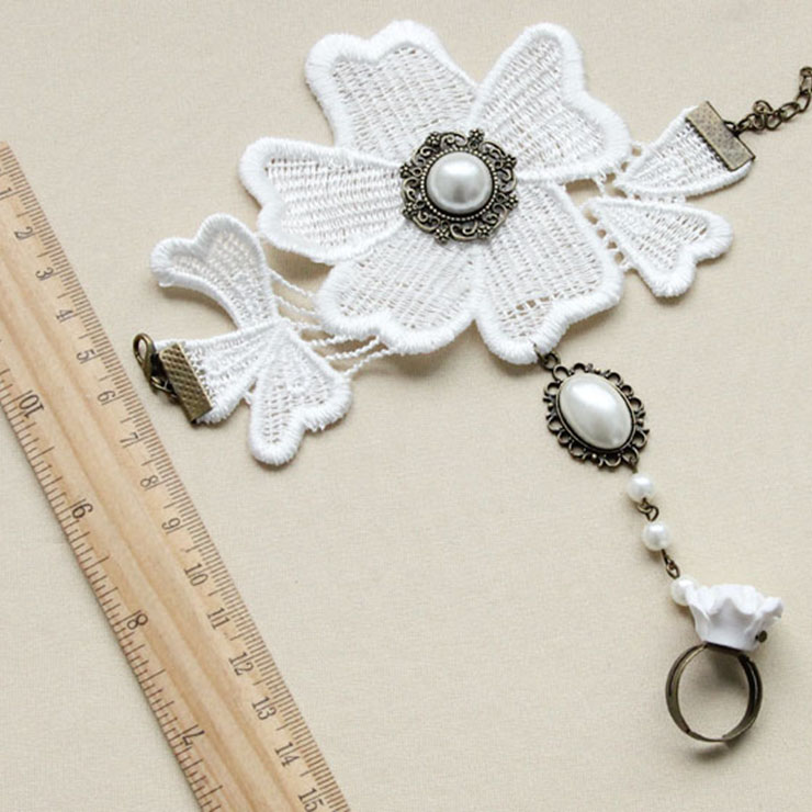 Victorian Vintage Style Bracelet, Vintage Bracelet for Women, Vintage Style Beige Embroidery Bracelet, Cheap Wristband, Victorian Style Gem Bracelet, Fashion Pearl Bracelet with Ring, #J18007