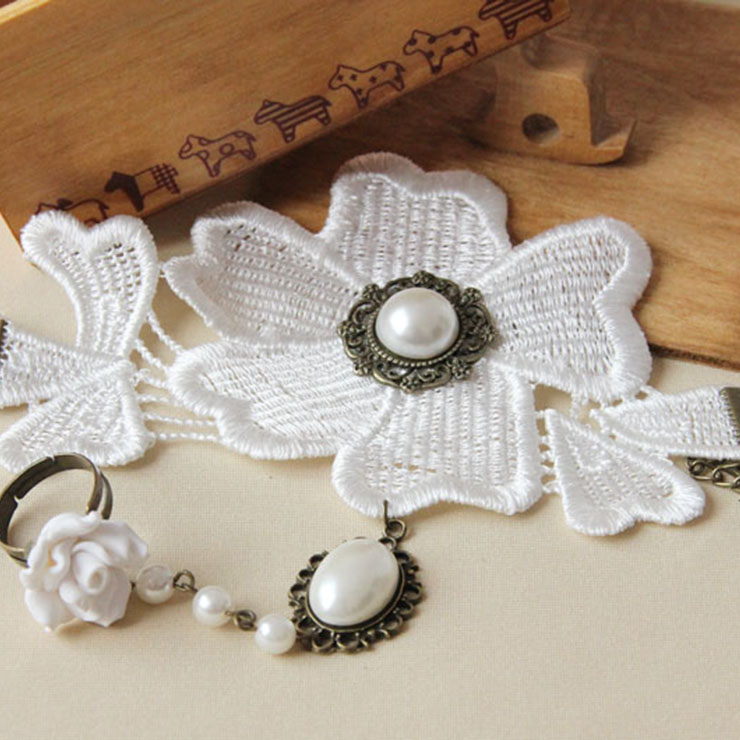 Victorian Vintage Style Bracelet, Vintage Bracelet for Women, Vintage Style Beige Embroidery Bracelet, Cheap Wristband, Victorian Style Gem Bracelet, Fashion Pearl Bracelet with Ring, #J18007