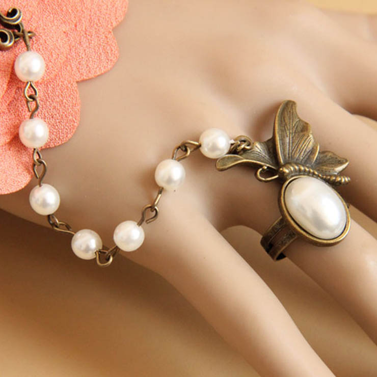 Victorian Vintage Style Bracelet, Vintage Bracelet for Women, Vintage Style Beige Embroidery Bracelet, Cheap Pearl Wristband, Victorian Bride Pearl Bracelet, Fashion Bride Bracelet with Ring, #J17914