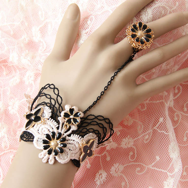 Victorian Vintage Style Bracelet, Vintage Bracelet for Women, Vintage Style White Lace Bracelet, Cheap Wristband, Victorian Flower Bracelet, Fashion Bride Bracelet with Ring, #J17841