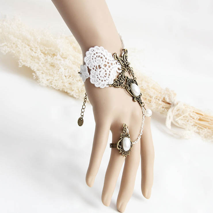 Victorian Vintage Style Bracelet, Vintage Bracelet for Women, Vintage Style Beige Embroidery Bracelet, Cheap Pearl Wristband, Victorian Bride Pearl Bracelet, Fashion Bride Bracelet with Ring, #J17915