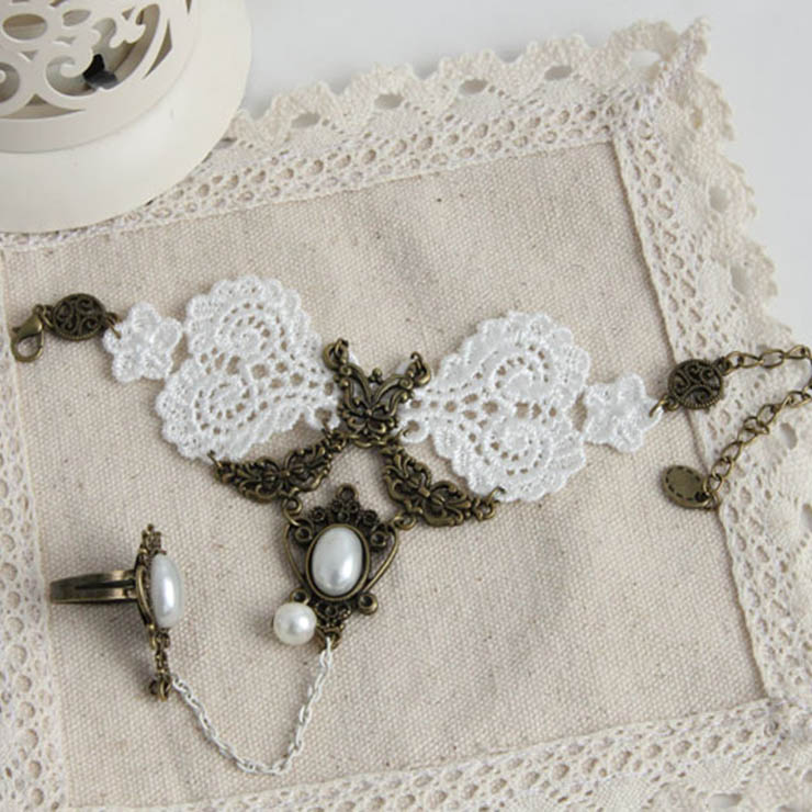 Victorian Vintage Style Bracelet, Vintage Bracelet for Women, Vintage Style Beige Embroidery Bracelet, Cheap Pearl Wristband, Victorian Bride Pearl Bracelet, Fashion Bride Bracelet with Ring, #J17915