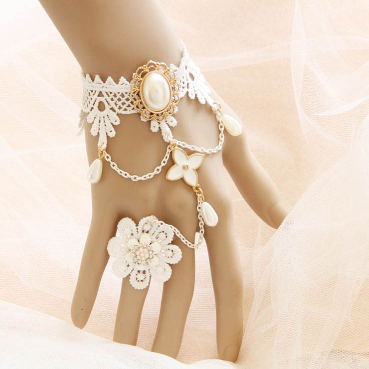 White Vintage Floral Lace Gem Wristband Metal Ring Bride Bracelet J17816