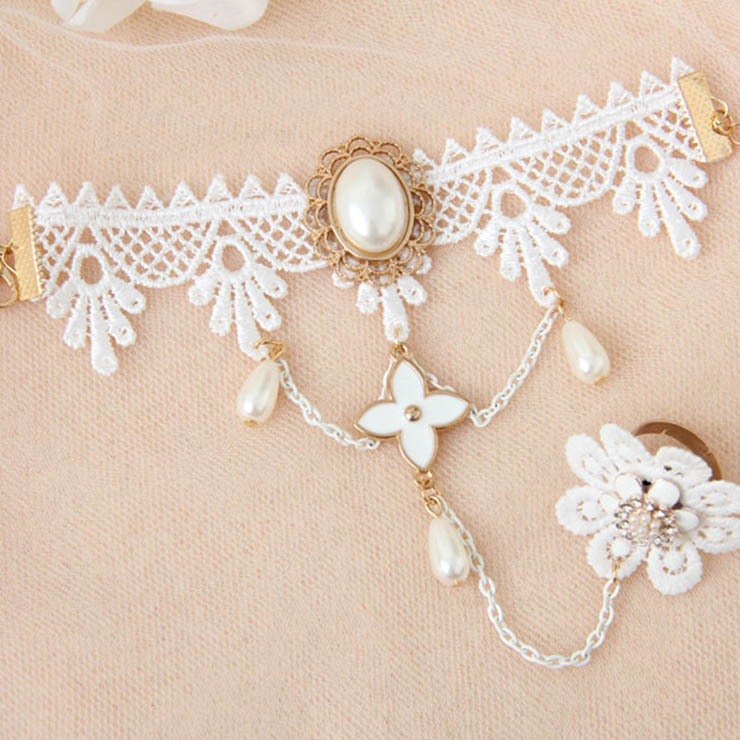 Victorian Vintage Style Bracelet, Vintage Bracelet for Women, Vintage Style White Lace Bracelet, Cheap Wristband, Victorian Bride Bracelet, Fashion Bride Bracelet with Ring, #J17816