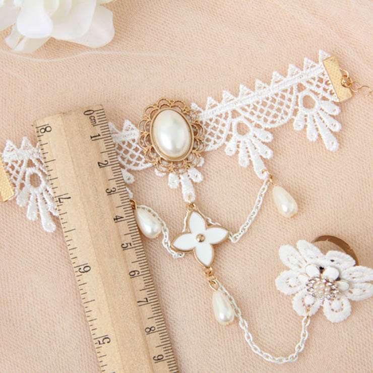 Victorian Vintage Style Bracelet, Vintage Bracelet for Women, Vintage Style White Lace Bracelet, Cheap Wristband, Victorian Bride Bracelet, Fashion Bride Bracelet with Ring, #J17816